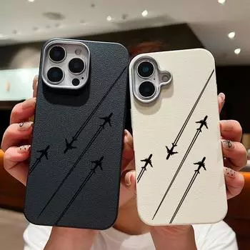 Простой матовый чехол для телефона TPU с принтом маршрута самолета для iPhone 16 Pro Max 15 Plus 14 Pro 13 12 11 кожаная текстура противоударный тонкий мягкий бампер iPhone 16 чёрный
