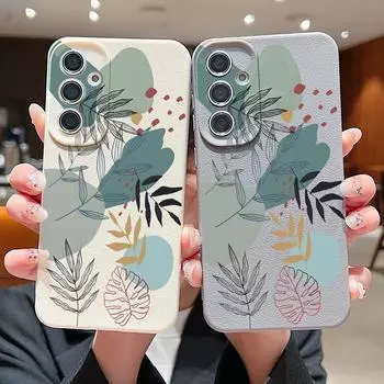 Простой матовый тонкий чехол с растительным узором для Samsung S25 S24 FE S23 Ultra S22 A16 A15 A56 A55 A36 A54 A35 кожаная текстура противоударный мягкий чехол для телефона TPU Samsung S25 чёрный