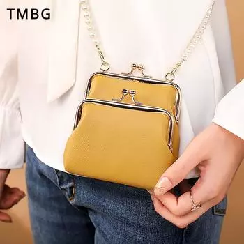 Простой модный мини-кошелек из искусственной кожи большой емкости, женский короткий кошелек с зажимом для рта, жемчужная цепочка, сумка через плечо, винтажная женская сумка для мелочи, подарок на праздник для девочек красный