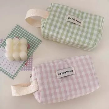 Простой модный пенал для студента, милый зеленый, розовый, клетчатый пенал, большая вместимость, сумка для хранения канцелярских принадлежностей розовый