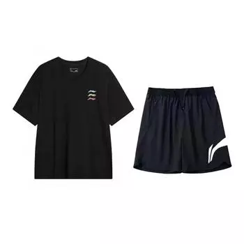 Простой модный пуловер с круглым вырезом и принтом логотипа Li Ning, с короткими рукавами, удобные шорты на кулиске, повседневный спортивный костюм YHSV371-1+YKSV197-2 L