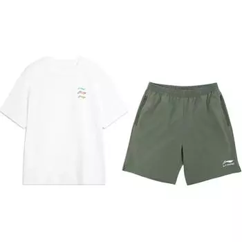 Простой модный универсальный пуловер с принтом логотипа Li Ning, с короткими рукавами и круглым вырезом, шорты с завязками средней посадки, повседневный спортивный костюм, костюм унисекс YHSV371-2+YKSV147-1 S