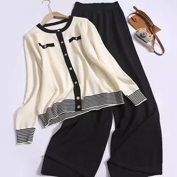 Простой модный женский комплект из 2 предметов, осенний однобортный трикотажный кардиган с длинным рукавом и широкие брюки с высокой талией, повседневный костюм One Size чёрный