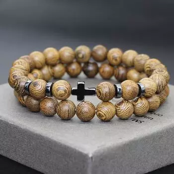Простой мужской браслет 2 шт. 6 мм натуральный камень медитация йога латунь браслет крест гематит лавовый камень искусственные деревянные бусины струны