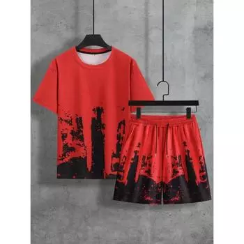 Простой мужской комплект с круглым вырезом и коротким рукавом, модная повседневная футболка и шорты на шнурке, повседневная мужская одежда из двух предметов 2XL