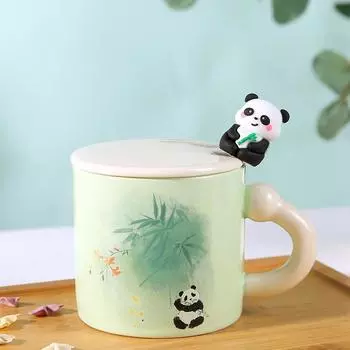 Простой набор для дома, милый мультфильм, маленькая панда, керамическая чашка, офисная девушка, парная кружка с крышкой, ложка, стакан для воды 380ML
