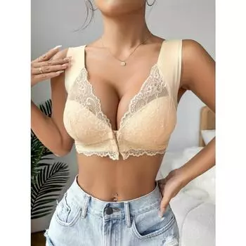 Простой однотонный контрастный кружевной бюстгальтер с пряжкой спереди, удобный и дышащий бюстгальтер пуш-ап без проводов, женское нижнее белье и нижнее белье M чёрный