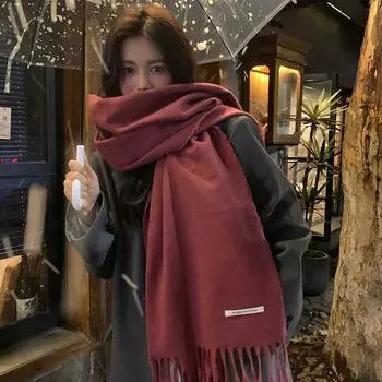 Простой однотонный шарф с бахромой, женский зимний студенческий теплый шарф, шаль двойного назначения розы красного