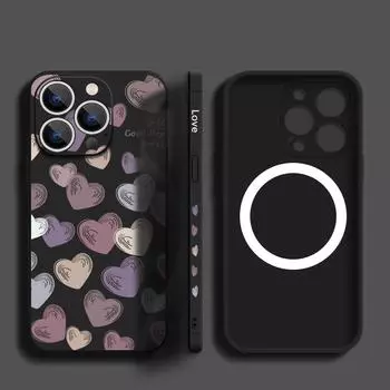 Простой принт Love Heart для магнитного чехла Magsafe для iPhone 16, 15, Pro Max, 14, 13, Pro, 12, 11, мягкий защитный ремешок из ТПУ для объектива, ударопрочный тонкий чехол для телефона iPhone 16 дымный черный