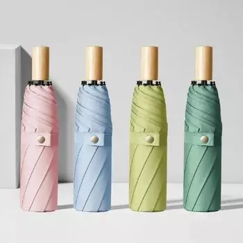 Простой простой тройной складной зонт из цельного дерева с ручкой для девочек, Виниловый солнцезащитный зонт для вечеринок, усиленный зонт