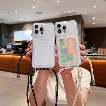 Простой прозрачный чехол для телефона с отделением для карт памяти для Apple iPhone 15 14 Pro Max Plus 13 12 Pro 11 цветной ремешок через плечо мягкий силиконовый противоударный чехол iPhone 15 чёрный