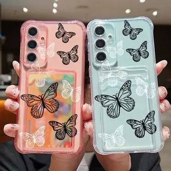Простой прозрачный чехол с принтом бабочки и слотом для карт для Samsung S24 FE S23 S22 Ultra A16 A55 A54 A35 A34, тонкий противоударный мягкий силиконовый защитный чехол для телефона Samsung S24 FE серый
