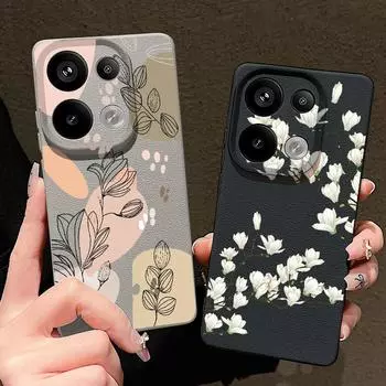 Простой растительный цветочный принт TPU матовая кожа текстура тонкий чехол для телефона Xiaomi 13T Pro Poco X6 M6 Pro Redmi Note 14 Pro 13 12 11 мягкий противоударный чехол Xiaomi 13T/13T Pro чёрный