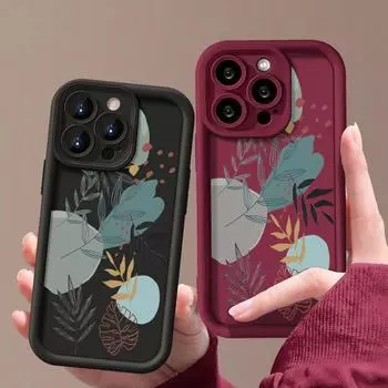 Простой растительный узор TPU мягкий чехол для телефона iPhone 16 Pro Max 15 Pro 14 Plus 13 12 11 XR XS 8 7 защита линз матовый противоударный бампер чехол iPhone 16 чёрный