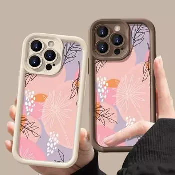 Простой растительный узор TPU мягкий чехол для телефона iPhone 16 Pro Max 15 Plus 14 Pro 13 12 11 XR XS 8 7 защита объектива противоударный матовый бампер чехол iPhone 16 чёрный