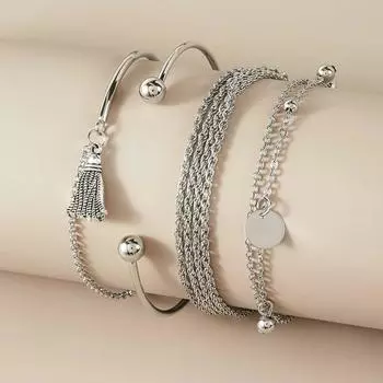 Простой серебряный гладкий браслет с бахромой, индивидуальный многослойный набор из 4 браслетов с цепочкой и диском серебряный