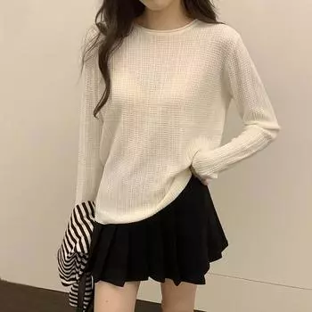 Простой серый топ с круглым вырезом и длинными рукавами из вафельной вязки для женщин на осень и зиму с новым стильным свитером Lazy Niche S