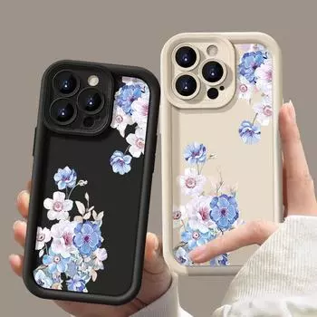 Простой синий цветочный принт противоударный матовый чехол для телефона TPU для iPhone 16 Pro 15 Pro Max 14 Plus 13 12 11 XR XS 8 7 защита объектива мягкая задняя крышка iPhone 16 чёрный