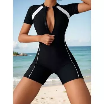 Простой слитный купальник с цветными блоками, защитный костюм для серфинга с застежкой-молнией на половину длины, высокопроизводительный женский купальник для соревнований L чёрный