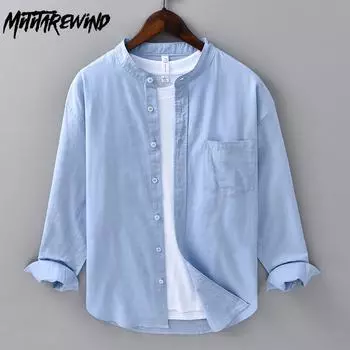 Простой стиль, хлопково-льняные рубашки для мужчин, весна-лето, повседневная повседневная рубашка с длинным рукавом, карманный воротник-стойка, однотонная рубашка, пляжный дышащий мужской топ M хаки