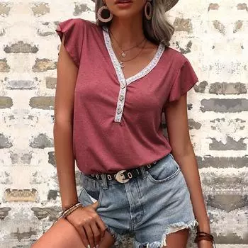 Простой стиль, летняя женская винтажная футболка с рюшами и рукавами, свободный однотонный топ S вино красного