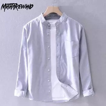 Простой стиль, мужские рубашки с длинным рукавом, весенне-летняя повседневная повседневная рубашка из чистого хлопка, однотонная рубашка с воротником-стойкой и универсальным карманом M серый
