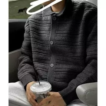 Простой стиль осенний мужской вязаный кардиган для молодежи мужской корейский стиль универсальный осенне-зимний пара серый с отложным воротником свитер пальто M хаки