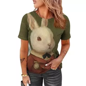 Простой стиль, повседневная женская футболка с милым кроликом, 3D красками и забавным узором для отдыха и отпуска, летняя модная женская футболка с короткими рукавами 6XL
