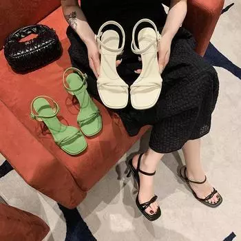 Простой стиль слова с открытым носком сандалии женские корейская версия высокие каблуки шпильки лето 2024 новые модели не устают ноги сандалии 34