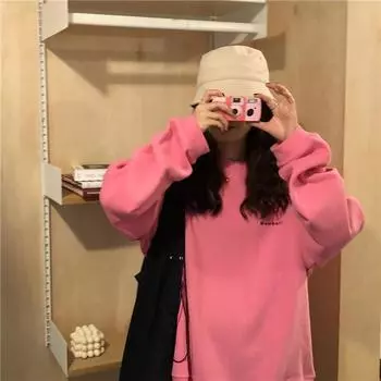 Простой свитер с буквенным принтом, женский свободный пуловер с длинным рукавом, японский, 2024, новый студенческий повседневный топ M озеро синий