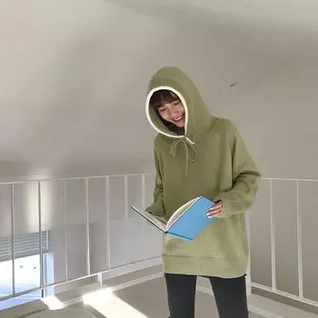 Простой свитер с капюшоном, популярный цвет, женский, осень-зима, свободный свитер с длинными рукавами XL зелёный