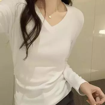 Простой свитер с V-образным вырезом, однотонный, с длинными рукавами, универсальный топ для женщин, осень-зима, новая плиссированная шикарная футболка, модная рубашка S