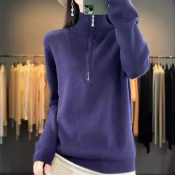 Простой свободный свитер с длинными рукавами и воротником-стойкой из бархата Andy на молнии, женский пуловер, однотонный, повседневный, универсальный, топ и полутоп M