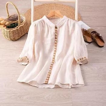 Простой темпераментный вышитый маленький топ для женщин на весну и лето, легкая удобная хлопковая льняная художественная стильная универсальная повседневная рубашка M