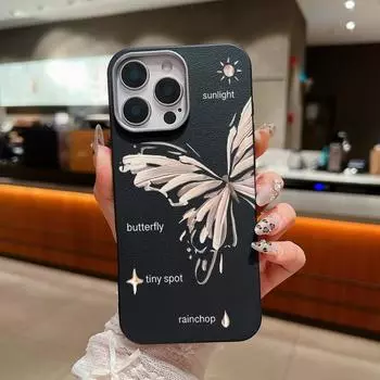 Простой ударопрочный мягкий чехол TPU с принтом бабочки для iPhone 16 Pro Max 15 Pro 14 13 12 11, защита линз, матовая кожаная текстура, тонкий чехол для телефона iPhone 16 чёрный