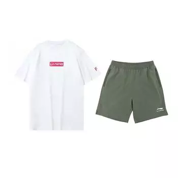 Простой универсальный пуловер с круглым вырезом и принтом логотипа Li Ning, с короткими рукавами и завязками, удобные шорты, повседневный спортивный костюм, унисекс, спортивный костюм YHST173-2+YKSV147-1 S