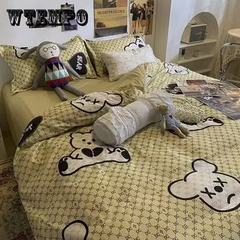 Простой весенне-летний комплект постельного белья из четырех предметов в студенческом стиле Love для студенческого общежития, синий пододеяльник, комплект из четырех предметов Double