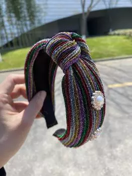 Простой жемчужный ободок с перекрестным узлом для женщин, модный, ретро, с радужными полосками, повседневные аксессуары для волос