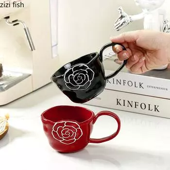Простота Керамическая рельефная кружка с цветком Креативная большая ручка Кружка для кофе Цветочная чашка для чая Красивая бытовая чашка для воды Пара чашек 260ml