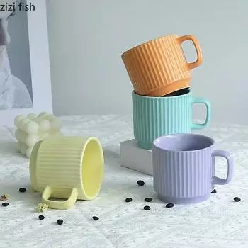 Простота Полосатая керамическая кружка Однотонная кружка для сока Офисная кружка для молока Кофейная кружка Чашка для напитков Чашки для семейного завтрака Чашки для чая 260ML