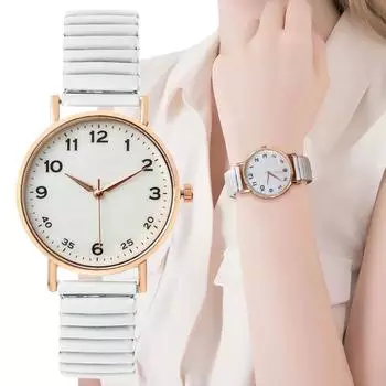 Простые цифровые женские кварцевые часы с белым лицом, повседневные часы из нержавеющей стали с эластичным ремешком, модные женские часы для платья золотой