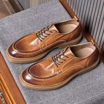 Простые деловые мужские кожаные туфли, модные кожаные туфли с круглым носком, мужские кожаные туфли для костюма, униформы, инструментальная обувь 38 коричневый