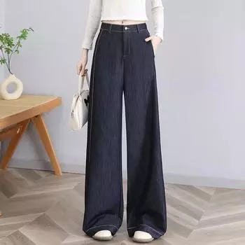 Простые длинные брюки из мягкого денима длиной до пола, свободные и утягивающие брюки с высокой талией, прямые брюки на весну и лето M темно-синий