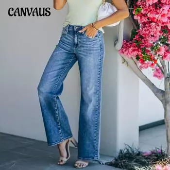 Простые джинсы, женские потертые брюки с высокой талией, широкие брюки S джинсовый синий