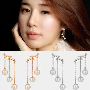 Простые геометрические женские серьги с длинной бахромой и бриллиантами и жемчугом 1