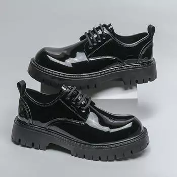 Простые глянцевые черные кожаные туфли, мужские туфли на платформе, большие круглые мужские деловые туфли с круглым носком из кожи 38