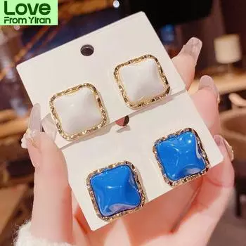 Простые и элегантные квадратные серьги-гвоздики из синей белой смолы, трендовые ювелирные изделия Brincos, подарок синий