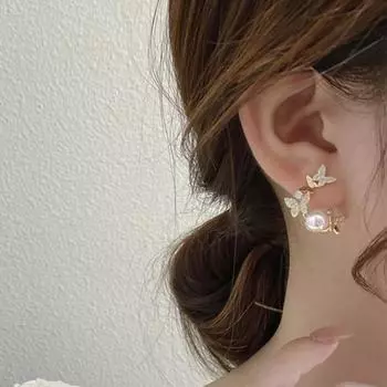 Простые и универсальные маленькие серьги с бантиком и жемчугом, серьги в милом стиле, серьги-гвоздики. золотой