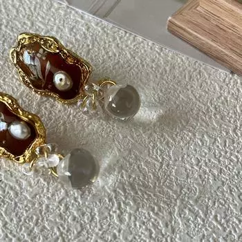 Простые и универсальные нежные серьги, осенний карамельно-коричневый кофейный цвет, высушенные цветы, нанесенные с помощью УФ-клея, серьги-гвоздики ручной работы, импортированные из Японии