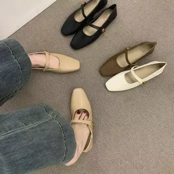 Простые и универсальные туфли Мэри Джейн с квадратной головкой, женские туфли, весна 2025, новые туфли на плоской подошве абрикосового цвета, женские 35 коричневый